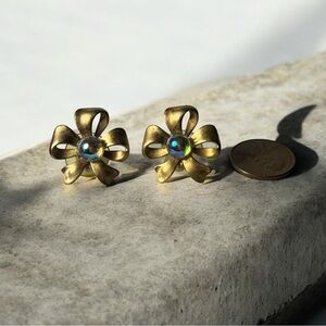 Vintage Gold Bow Earrings with stone Accents Victorian revival style